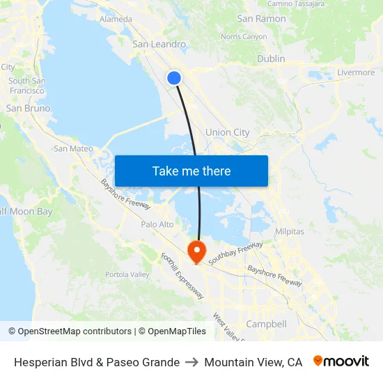 Hesperian Blvd & Paseo Grande to Mountain View, CA map