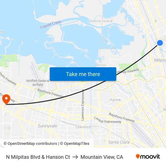 N Milpitas Blvd & Hanson Ct to Mountain View, CA map