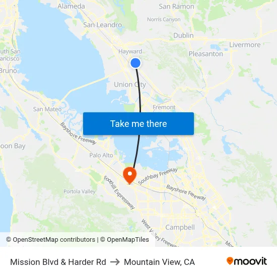 Mission Blvd & Harder Rd to Mountain View, CA map
