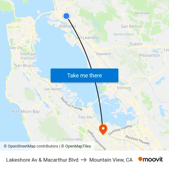 Lakeshore Av & Macarthur Blvd to Mountain View, CA map