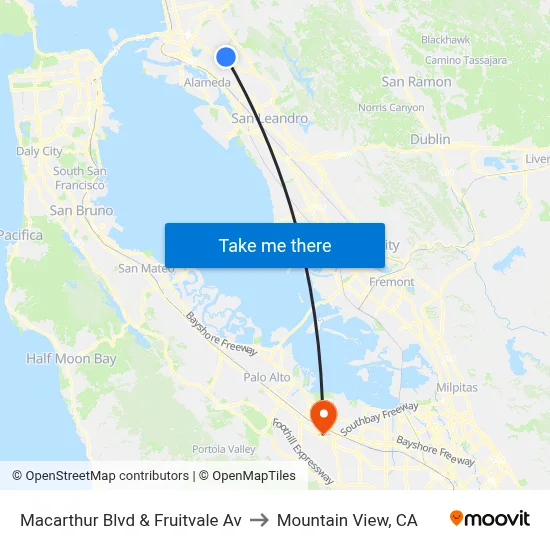 Macarthur Blvd & Fruitvale Av to Mountain View, CA map