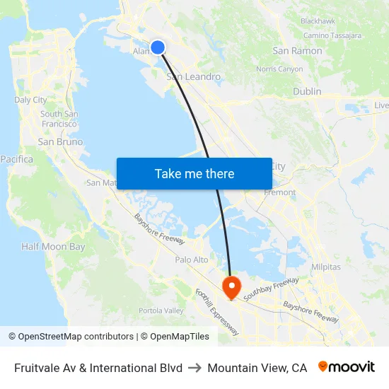 Fruitvale Av & International Blvd to Mountain View, CA map