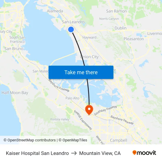 Kaiser Hospital San Leandro to Mountain View, CA map