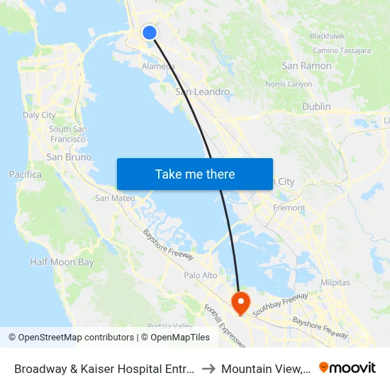 Broadway & Kaiser Hospital Entrance to Mountain View, CA map