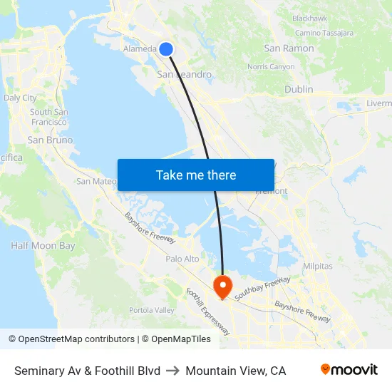 Seminary Av & Foothill Blvd to Mountain View, CA map