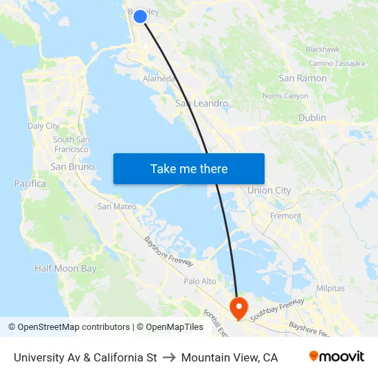 University Av & California St to Mountain View, CA map