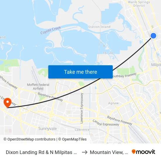 Dixon Landing Rd & N Milpitas Blvd to Mountain View, CA map