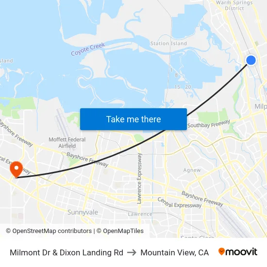Milmont Dr & Dixon Landing Rd to Mountain View, CA map