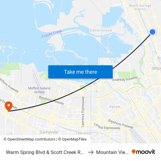 Warm Spring Blvd & Scott Creek Rd (Kato Rd) to Mountain View, CA map