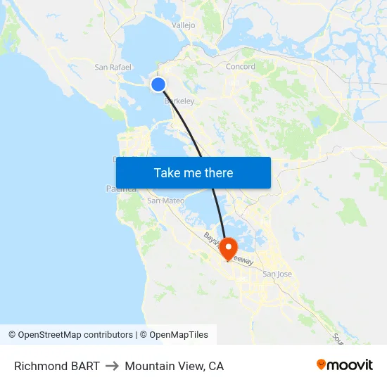Richmond BART to Mountain View, CA map