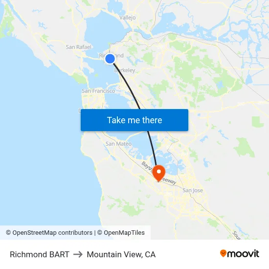 Richmond BART to Mountain View, CA map