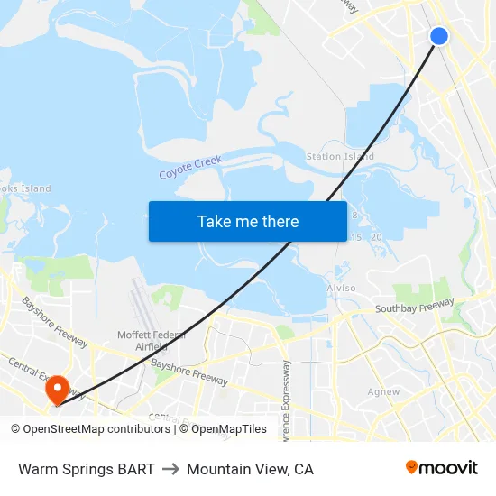 Warm Springs BART to Mountain View, CA map