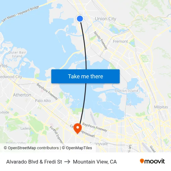 Alvarado Blvd & Fredi St to Mountain View, CA map