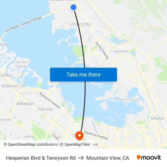 Hesperian Blvd & Tennyson Rd to Mountain View, CA map
