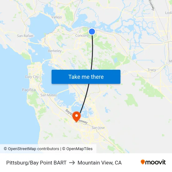 Pittsburg/Bay Point BART to Mountain View, CA map