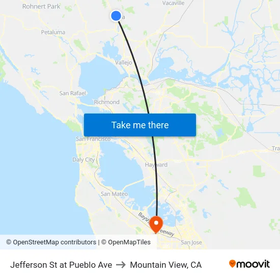 Jefferson St at Pueblo Ave to Mountain View, CA map