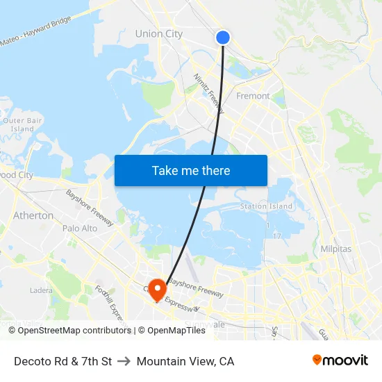 Decoto Rd & 7th St to Mountain View, CA map