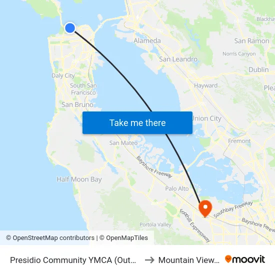 Presidio Community YMCA (Outbound) to Mountain View, CA map