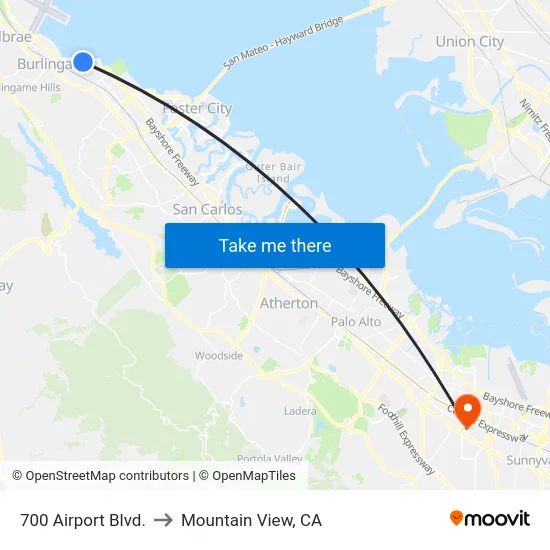 700 Airport Blvd. to Mountain View, CA map