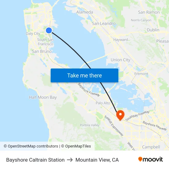 Bayshore Caltrain Station to Mountain View, CA map