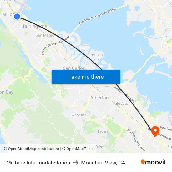Millbrae Intermodal Station to Mountain View, CA map