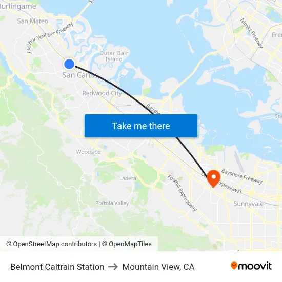 Belmont Caltrain Station to Mountain View, CA map