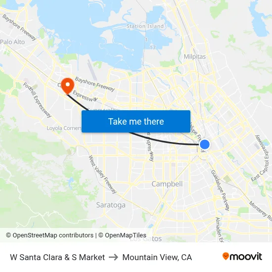 W Santa Clara & S Market to Mountain View, CA map