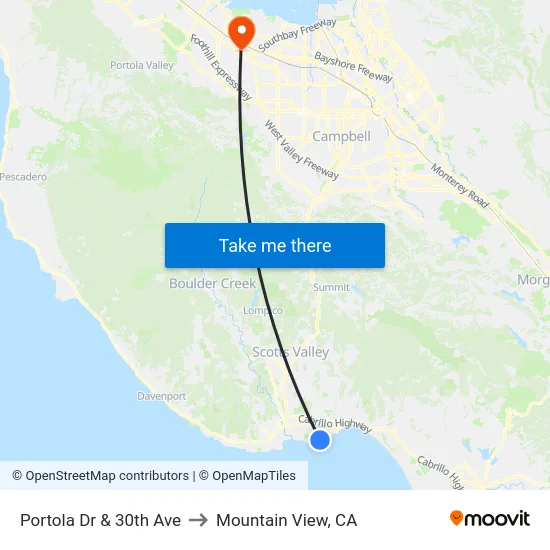 Portola Dr & 30th Ave to Mountain View, CA map