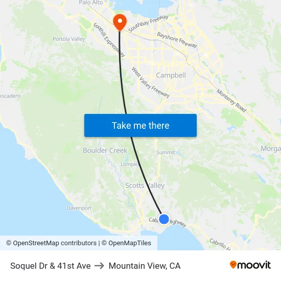 Soquel Dr & 41st Ave to Mountain View, CA map