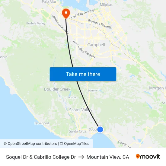 Soquel Dr & Cabrillo College Dr to Mountain View, CA map