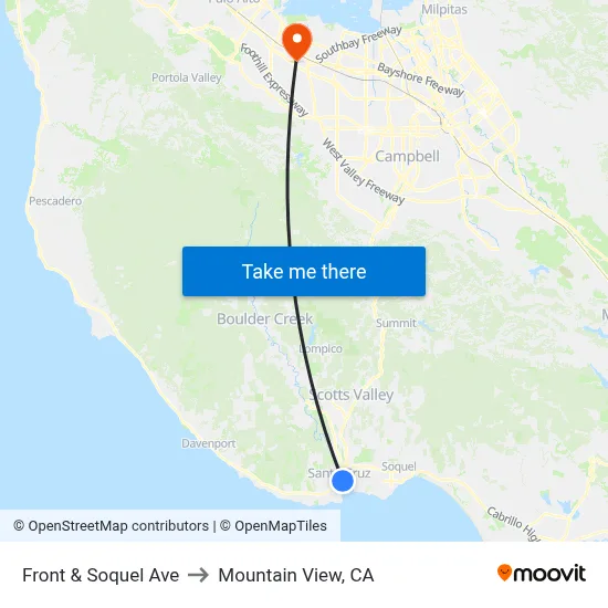 Front & Soquel Ave to Mountain View, CA map