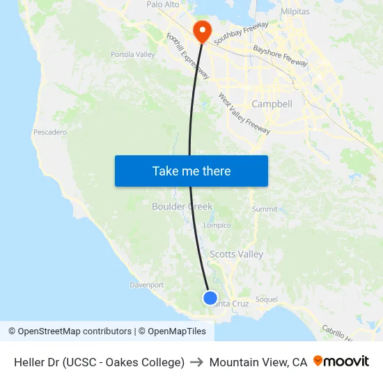 Heller Dr (UCSC - Oakes College) to Mountain View, CA map