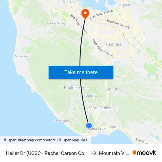 Heller Dr (UCSC - Rachel Carson College & Porter) to Mountain View, CA map