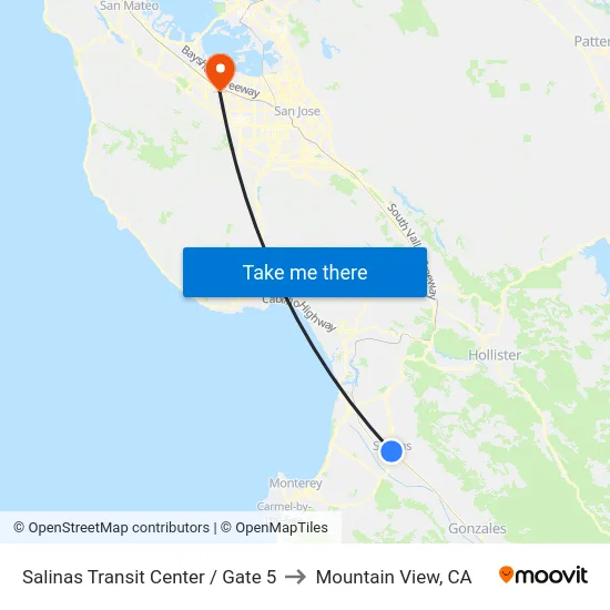 Salinas Transit Center / Gate 5 to Mountain View, CA map