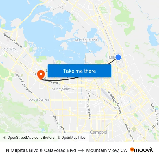 N Milpitas Blvd & Calaveras Blvd to Mountain View, CA map