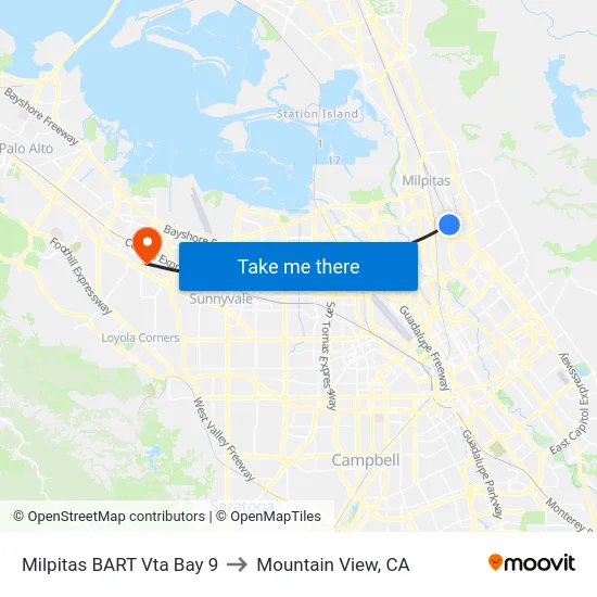 Milpitas BART Vta Bay 9 to Mountain View, CA map