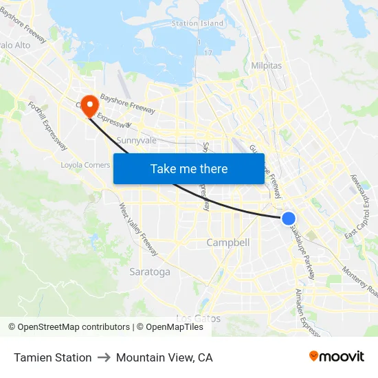 Tamien Station to Mountain View, CA map