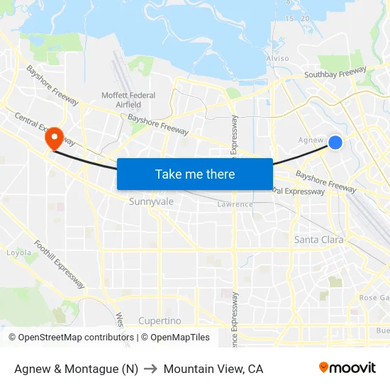 Agnew & Montague (N) to Mountain View, CA map