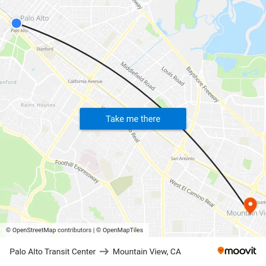 Palo Alto Transit Center to Mountain View, CA map