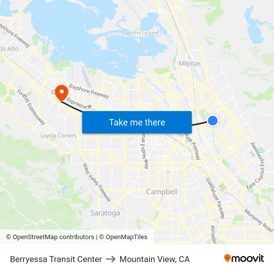 Berryessa Transit Center to Mountain View, CA map
