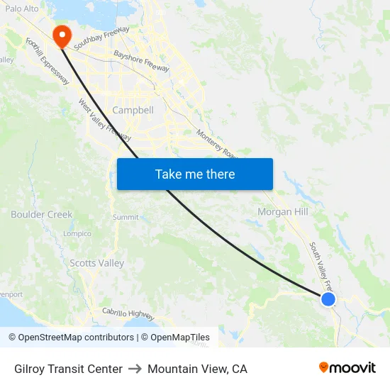 Gilroy Transit Center to Mountain View, CA map