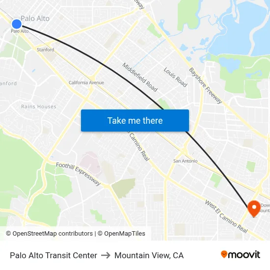 Palo Alto Transit Center to Mountain View, CA map
