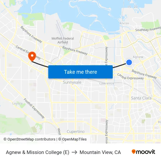 Agnew & Mission College (E) to Mountain View, CA map