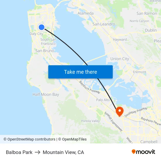 Balboa Park to Mountain View, CA map