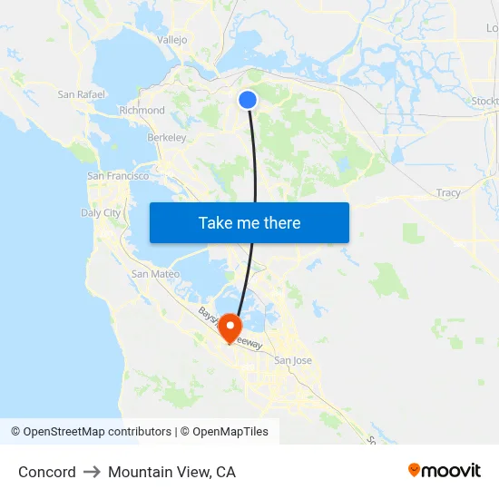 Concord to Mountain View, CA map