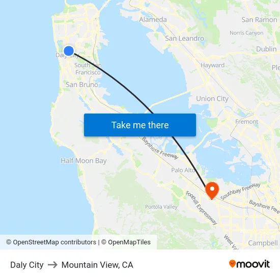Daly City to Mountain View, CA map