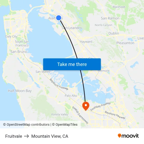 Fruitvale to Mountain View, CA map