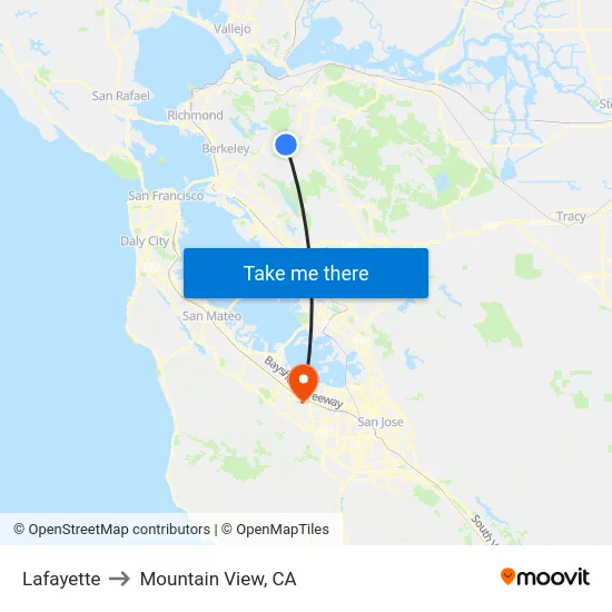 Lafayette to Mountain View, CA map