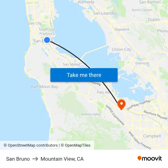 San Bruno to Mountain View, CA map