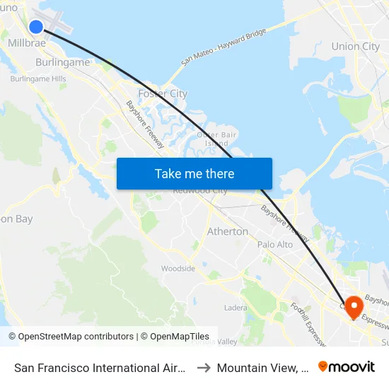 San Francisco International Airport to Mountain View, CA map